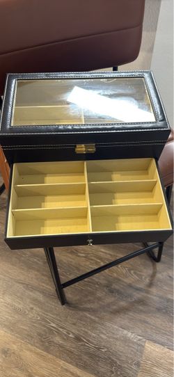 Black Leather Jewelry Box with Glass Lid