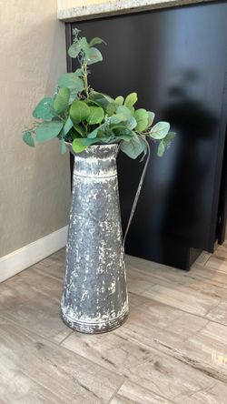 Galvanized Metal Pitcher Vase with Faux Eucalyptus