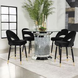 ☄️ 5-Piece Mirrored Dining Table Set with Counter Height Faux Glass Base and Black Velvet Chairs with 52" Round Clear Glass Top. 