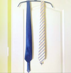 TWO Men’s Polyester Neckties, Solid Navy & Yellow Diagonal Stripe Standard Style