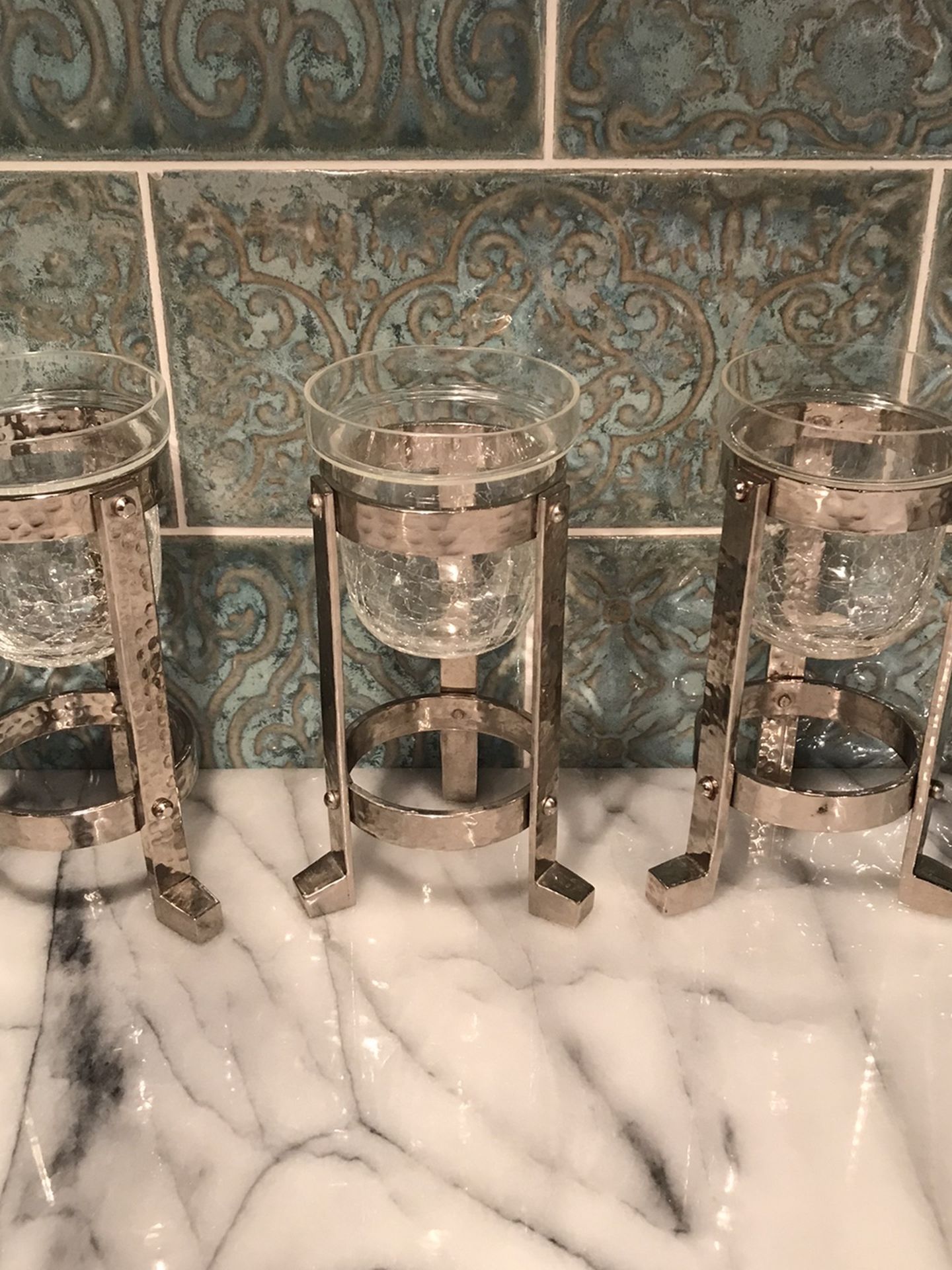 3 Crackle Glass Tea Candle Holders with Hammered Silver Pillars