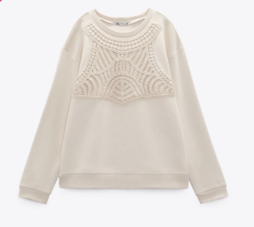 Zara Round Neck Pullover Long Sleeve Crotchet Nude Beige Sand Sweatshirt Sz. M