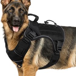 WINGOIN Black Tactical Dog Harness for Large Dogs No Pull Adjustable Reflective Military Pet Harness with Easy Control Handle with Hook & Loop Panels 