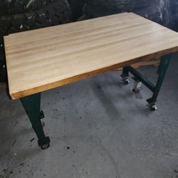 Vintage butcher block top rolling worktable