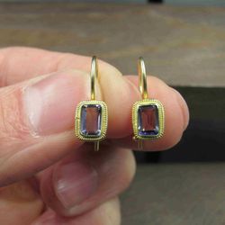 Sterling Silver Rectangle Amethyst Gemstone Gold Plated Earrings