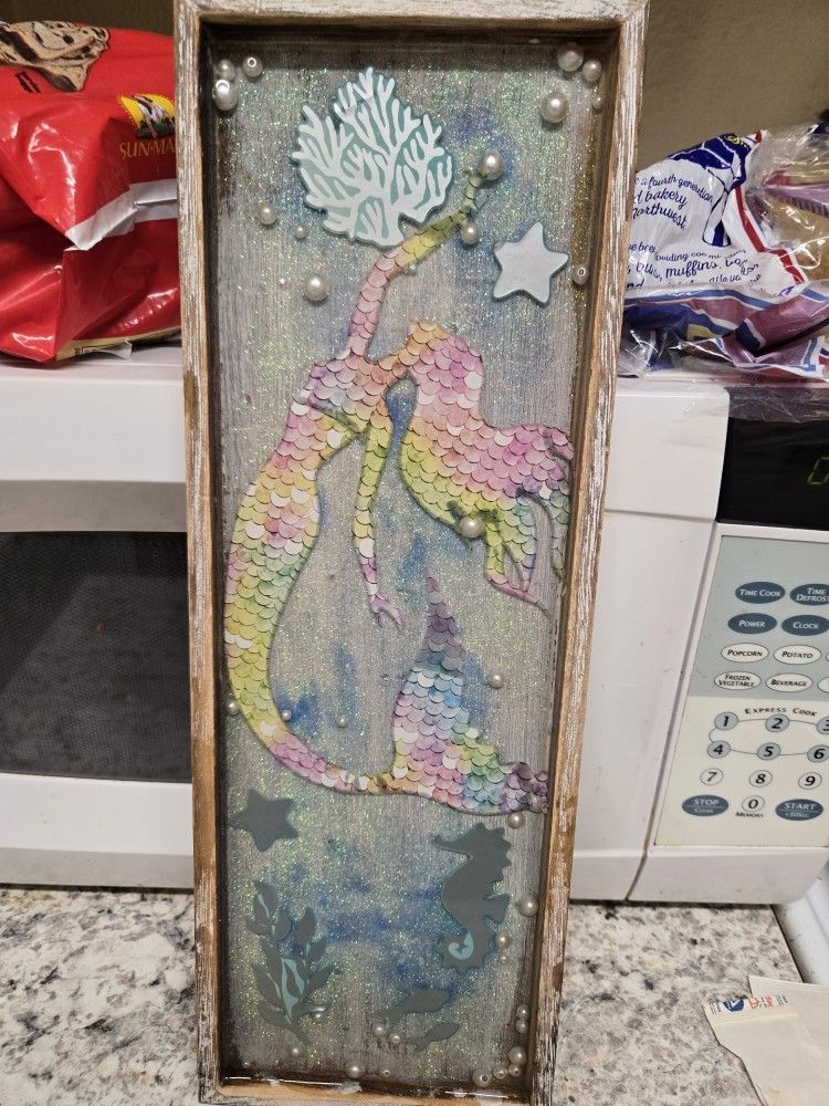 Mermaid Tray. Handmade.  3d Design. Tray Is Wooden And Has A Distressed Look.
