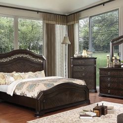 4 PC QUEEN BEDROOM SET     (F7751) $1449  ESPRESSO W/USB CHARGER IN N/S  FREE LOCAL DELIVERY   
