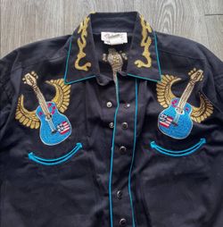 Rockmount Ranch Wear Embroidered Guitar Western Shirt Men's M Black Cotton