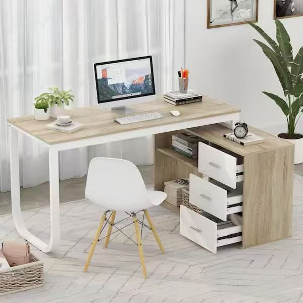 L Shaped Beige Wood Computer Desk