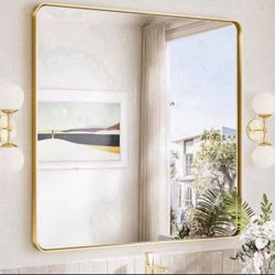 Gold Bathroom Mirror 36x36 Inch Gold Wall Mirror Brass Brushed Metal Frame Mirror Large Rounded Rectangle Mirror For Bathroom