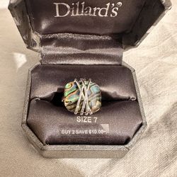 Vintage Wire-Wrapped Silver Plated Abalone Ring Size 7