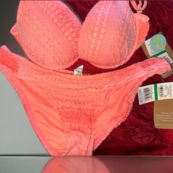 Hobie Bikini 2 Pc Set Macrame Orange Ombre Bikini Stretch Push Up Underwire L