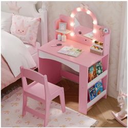 Brand new In The Box- Girls Vanity with Lights, Kids Vanity Table and Chair Set for Princess, Toddler Makeup Vanity Desk with Open Bookshelf, Storage 