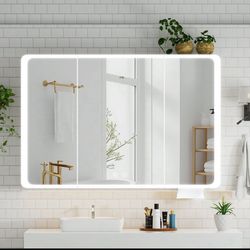 New in a sealed box Yamissi Round Corner LED Bathroom Mirror Cabinet, 3-Door Medicine Chest with Paper Hole & Fogless(E14)