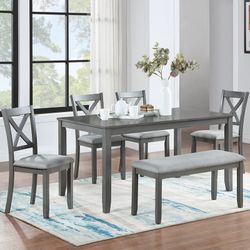 Baikal 6 Pieces 58.5" Rectangular Dining Table Set with 4 Upholstered Chairs and Bench, Gray