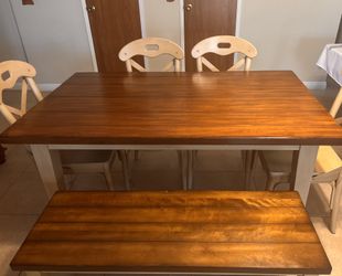 solid wood farmhouse dining table set- 4 chairs 1 bench