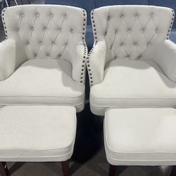 ✌️Set Of 2(4piece) Tufted Beige Accent Chair with Ottoman and Vintage Brass Studs 