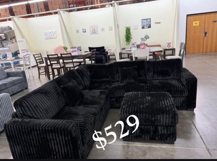 Stylish Black Sectional Sofa Couch With Ottoman Fur-like Jumbo Corduroy