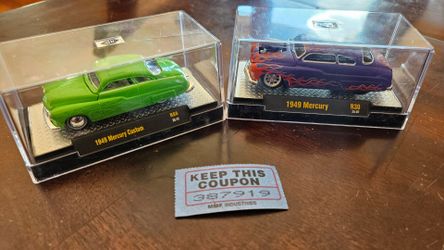 New (×2) diecast metal w/casing, M2 1949 Mercury Custom, firm.