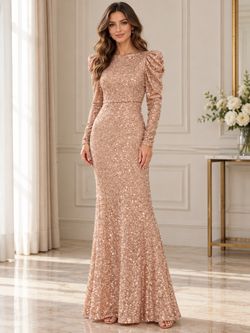 New MAC DUGGAL IEENA SEQUINED HIGH NECK PUFF LONG SLEEVE COLUMN GOWN SIZE 12