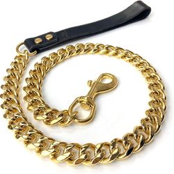Spark Paws Golden 15mm Metal Chain Dog Leash with Leather Handle 3FT Long