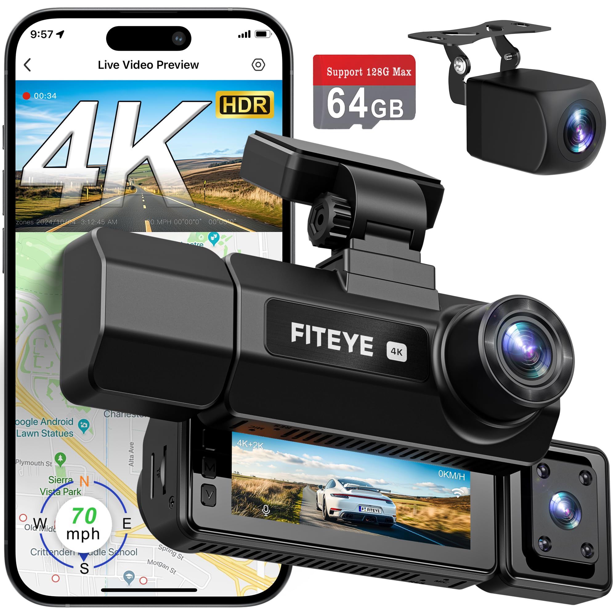 NEW*👉🏻3 Channel Dash Cam Car 4K + 2K WiFi GPS Night Vision Free 64GB Card G-Sensor