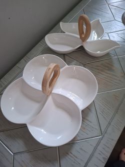 White Ceramic Divided Serving Tray with Wood Handle