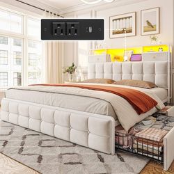 0953 Queen Bed Frame with 4 Storage Drawers and Upholstered Headboard, Bed Frame Queen Size Built in Charging Station and LED Lights, No Noise, No Box