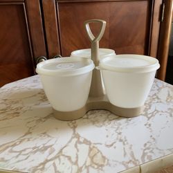vintage Tupperware 3 condiment caddy server, featuring three compartments with lids