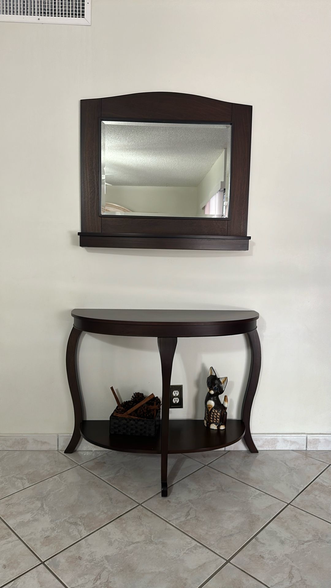 Elegant Entryway Console Table with Matching Wall Mirror – Dark Wood Finish