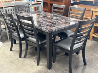 BRAND NEW Dining Set, Marble Top Design, 6 Chairs, Gray