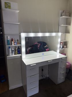 White Led Vanity With Side Shelves