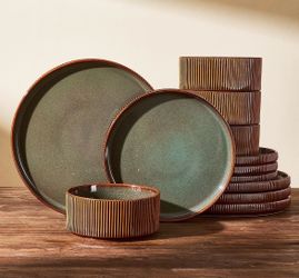 Dinnerware Set for 4, Reactive Glaze Plates and Bowls Sets 12-Piece Stoneware Ribbed Dishes Set, Handmade Ceramics, Microwave & Dishwasher Safe, Chip 