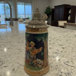 Vintage German Beer Stein 7” Ceramic Mug Pewter Lid