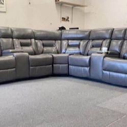 Leather recliner sectional sofa with 2 consoles