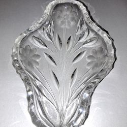 Beautiful uniquely shaped clear glass dish with floral design