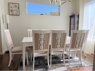 Gorgeous white wood dining table set, rectangular table ,8 upholster chairs