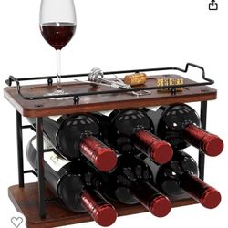 Countertop Wine Rack, 2 Tier Wood Metal Wine Racks Free Standing Floor, Tabletop Wine Bottle & Cork Holder Organizer, for Bar Decor, Kitchen Pantry Ca