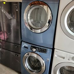 Samsung Front Load Washer And Stackable Gas Dryer Set In Blue 