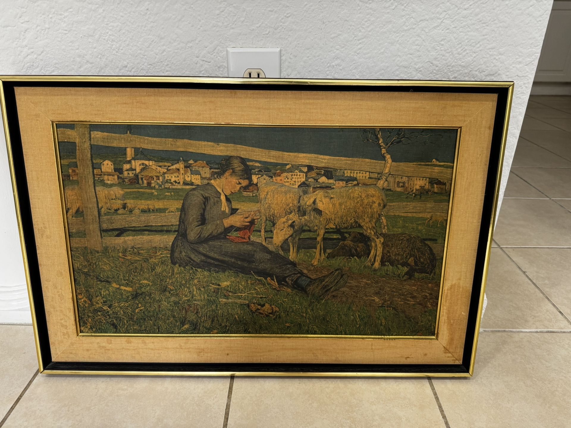 Canvas . Knitting girl at the fence Giovanni Segantini . 24”X14”