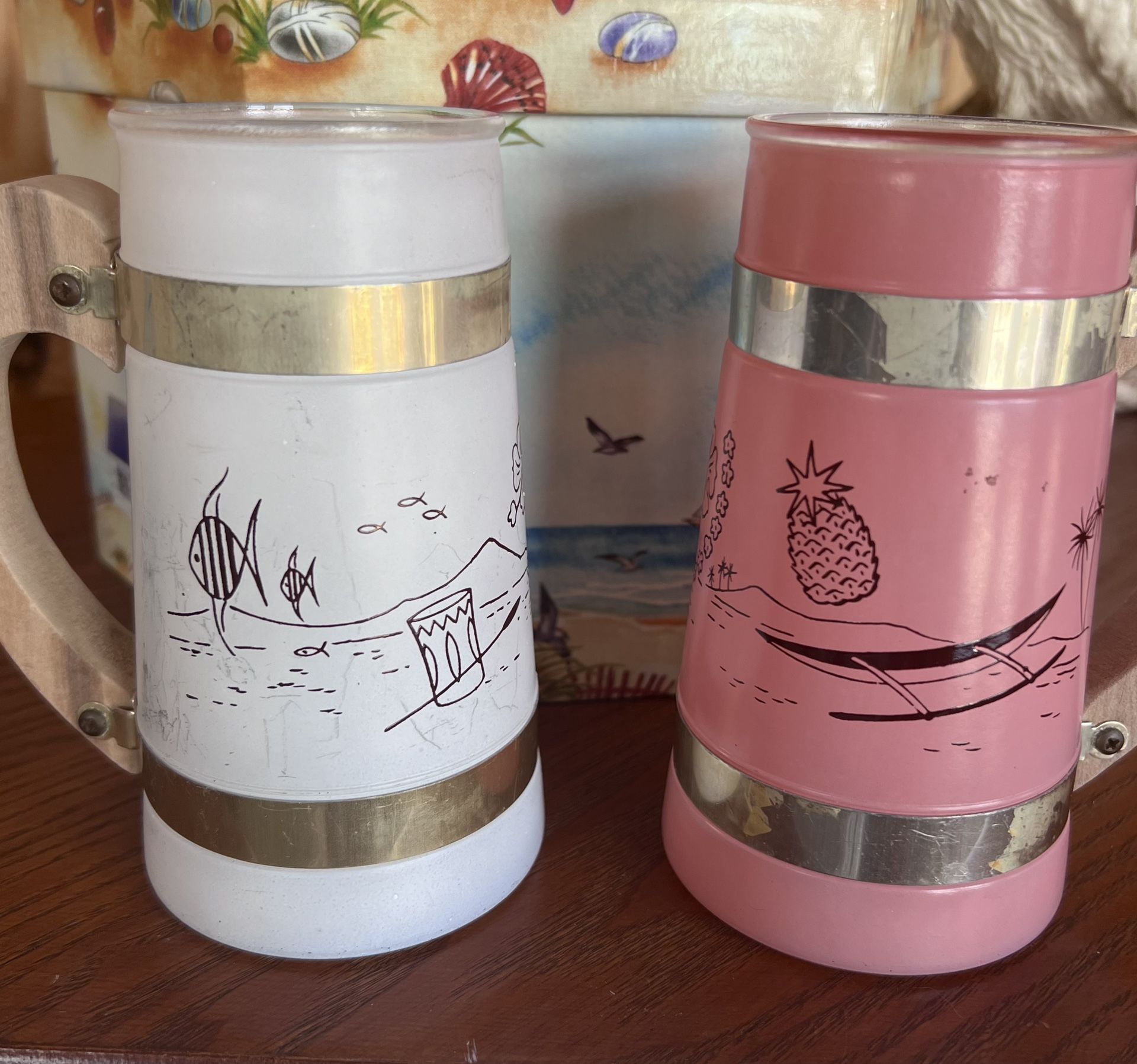 MCM Siesta Ware Frosted Glass Mugs ~Tropical Beachy Theme and Drift Wood Looking Handle~ Tiki Hut Barware
