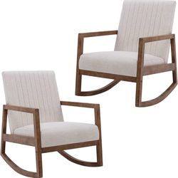 497d Rocking Chairs Set of 2 Mid Century Modern Recliner Accent Chair Comfy Lounge Arm Chair for Nursery Bedroom Living Room, Linen Beige