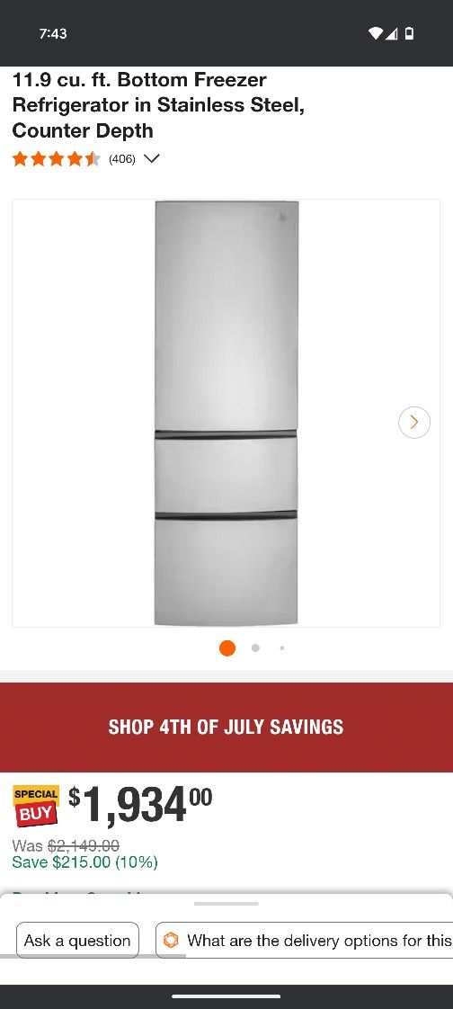 GE REFRIGERATOR BOTTOM FREEZER GLE12HSPARSS