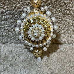 Vintage Push Pin Beaded ball Christmas Ornament Satin Gold 2”