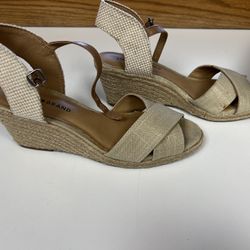 LUCKY BRAND KAROLY ANKLE STRAP TAN WOVEN WEDGE
