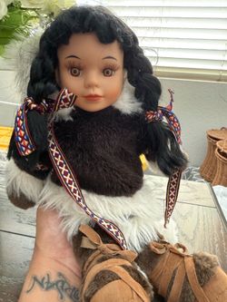 Vintage 1990 Eskimo Plush Stuffed Doll Braided Hair Faux Fur Parka Boots
