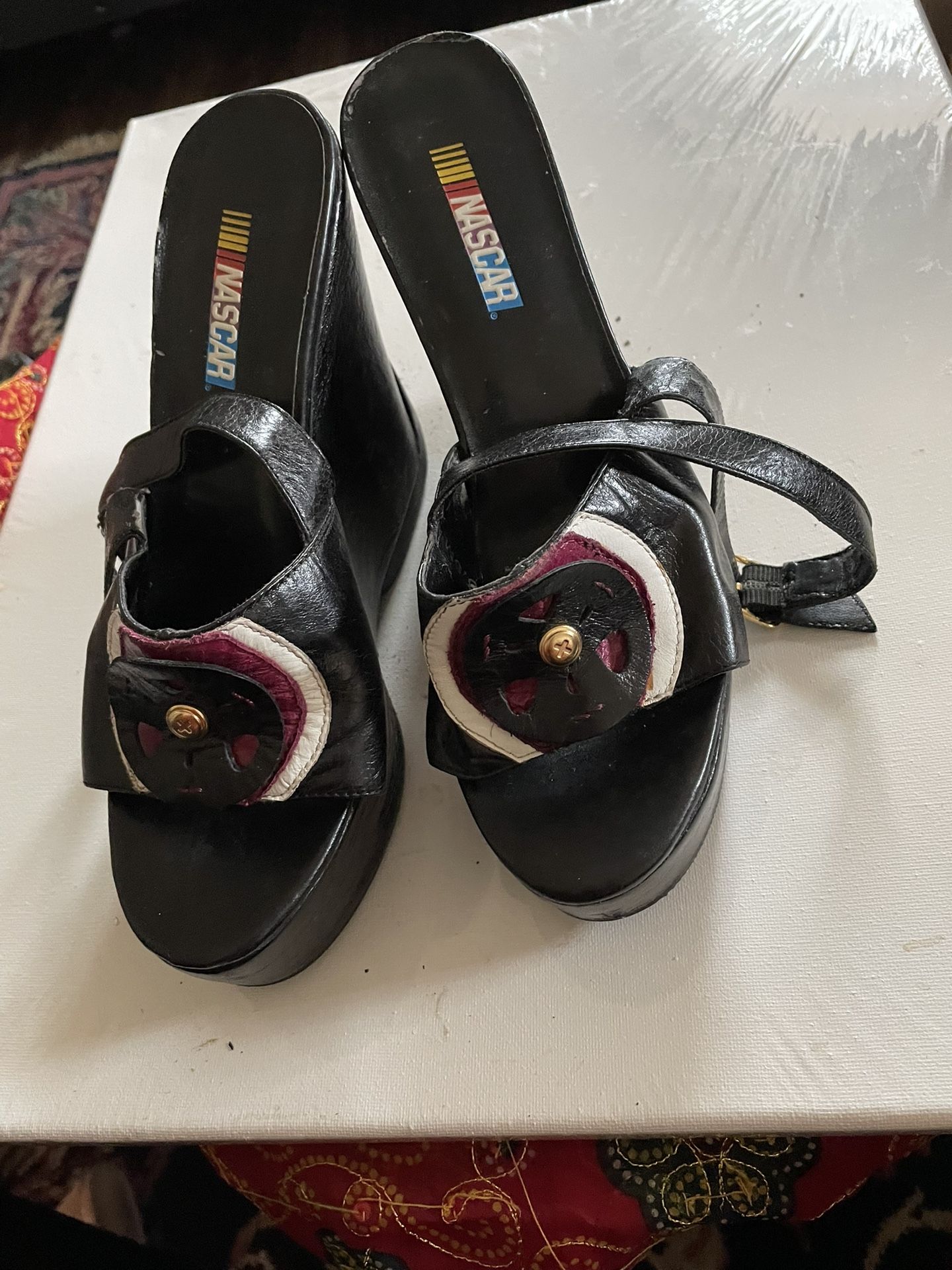 -- [ ] Vintage Nascar Wedges. High heels. Leather look. Race track attire. Racing Old shoes.