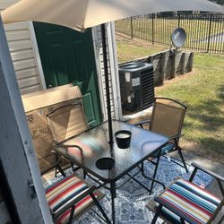 Outdoor Patio Set (Table, 4 Chairs, Umbrella, Rug)