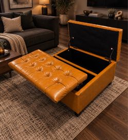 Large Cognac Tufted Storage Ottoman / Coffee Table – Double Lift Top 32”