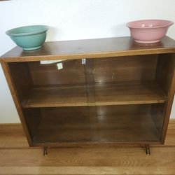 1956 MCM Sliding Handles Glass Doors Bookshelf Wooden Legs